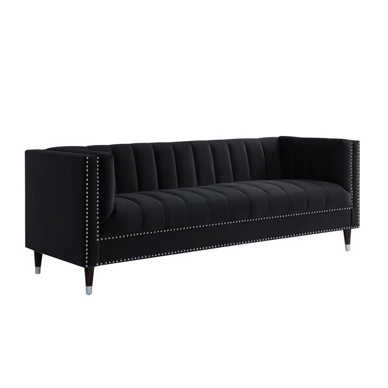 Posh Living Soraya Tufted Velvet Sofa with Nailhead Trim in Black/Chrome