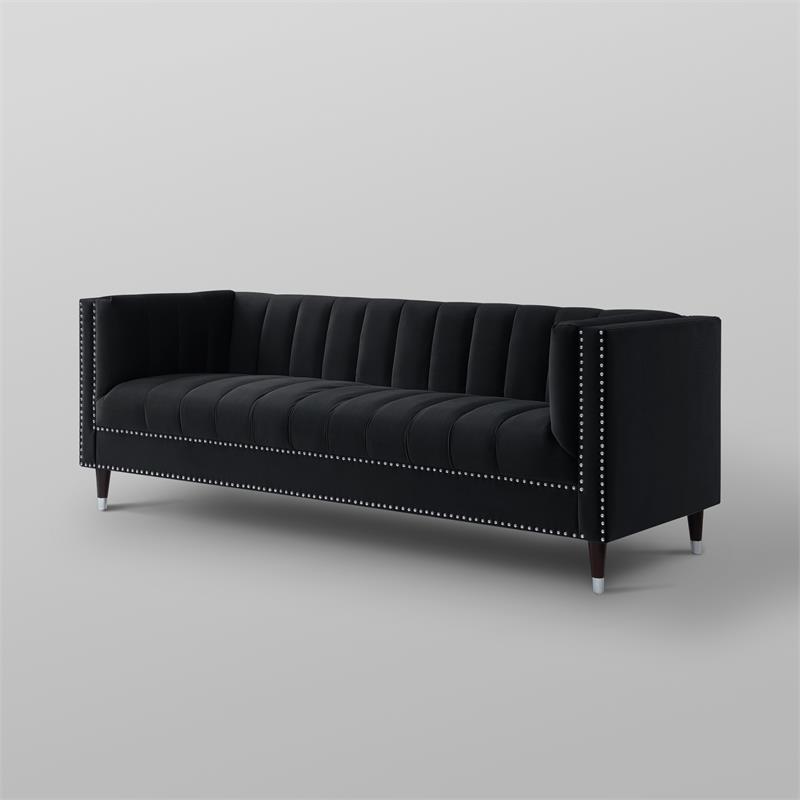 Posh Living Soraya Tufted Velvet Sofa with Nailhead Trim in Black/Chrome