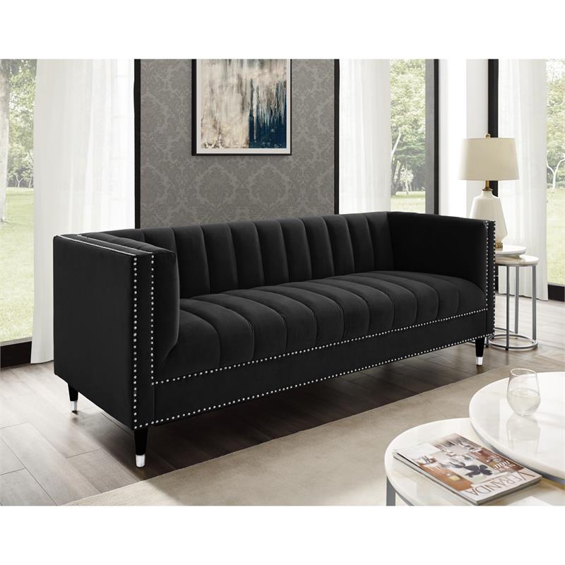 Posh Living Soraya Tufted Velvet Sofa with Nailhead Trim in Black/Chrome