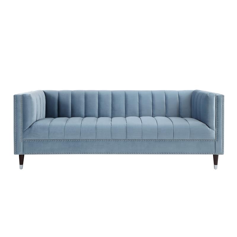 Posh Living Soraya Tufted Velvet Sofa with Nailhead Trim in Slate Blue