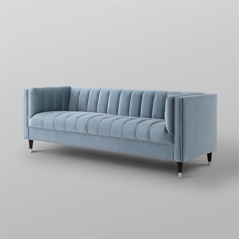 Posh Living Soraya Tufted Velvet Sofa with Nailhead Trim in Slate Blue/Chome