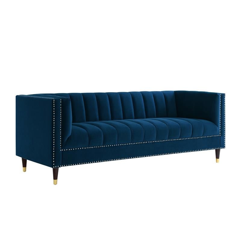 Posh Living Soraya Tufted Velvet Sofa with Nailhead Trim in Navy/Gold