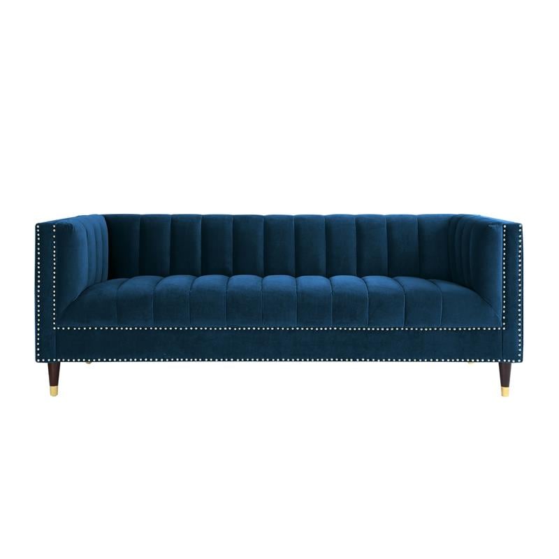 Posh Living Soraya Tufted Velvet Sofa with Nailhead Trim in Navy/Gold