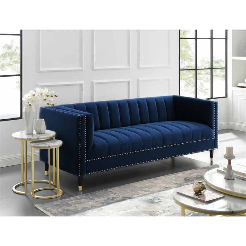 Posh Living Soraya Tufted Velvet Sofa with Nailhead Trim in Navy/Gold