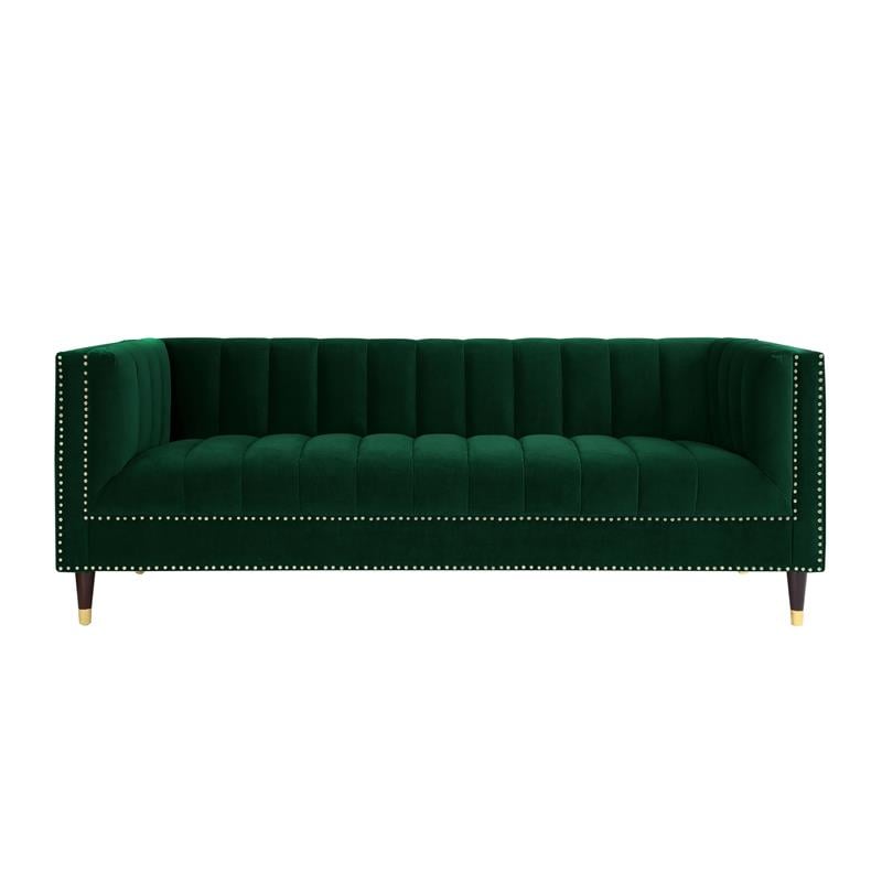 Posh Living Soraya Tufted Velvet Sofa with Nailhead Trim in Hunter Green/Gold