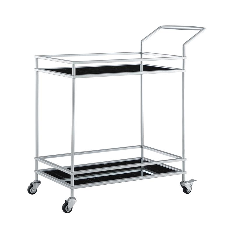 Posh Living Karin Tempered Glass Shelf Bar Serving Cart in Silver/Black
