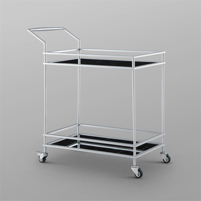 Posh Living Karin Tempered Glass Shelf Bar Serving Cart in Silver/Black