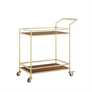 Posh Living Karin Tempered Glass Shelf Bar Serving Cart in Gold/Walnut