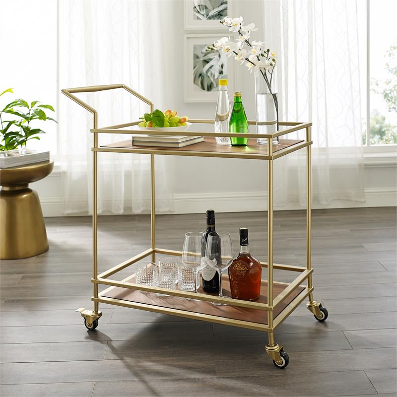 Posh Living Karin Tempered Glass Shelf Bar Serving Cart in Gold/Walnut
