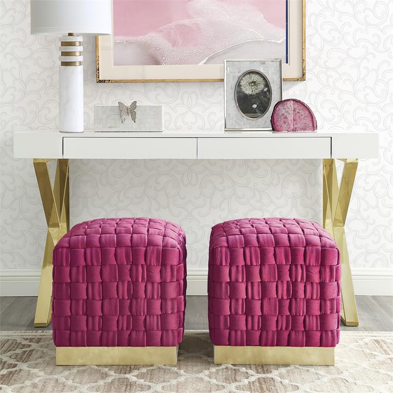 Posh Living Michirin Velvet Cube Ottoman with Metal Base in Fuchsia/Gold