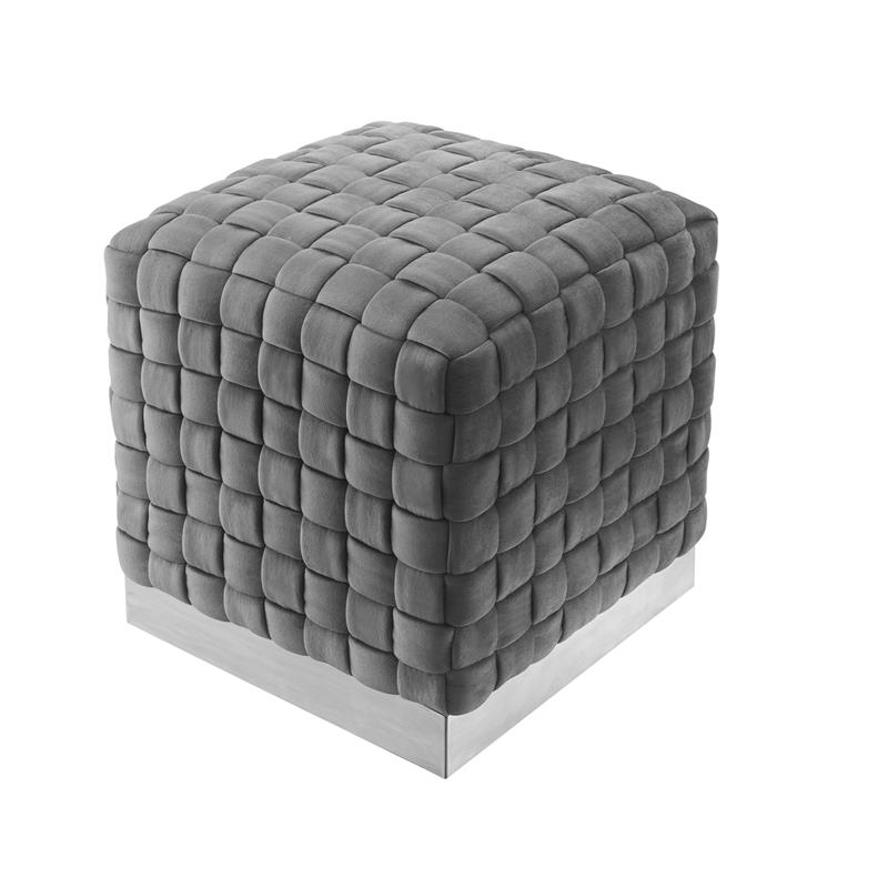 Posh Living Michirin Velvet Cube Ottoman with Metal Base in Gray/Chrome