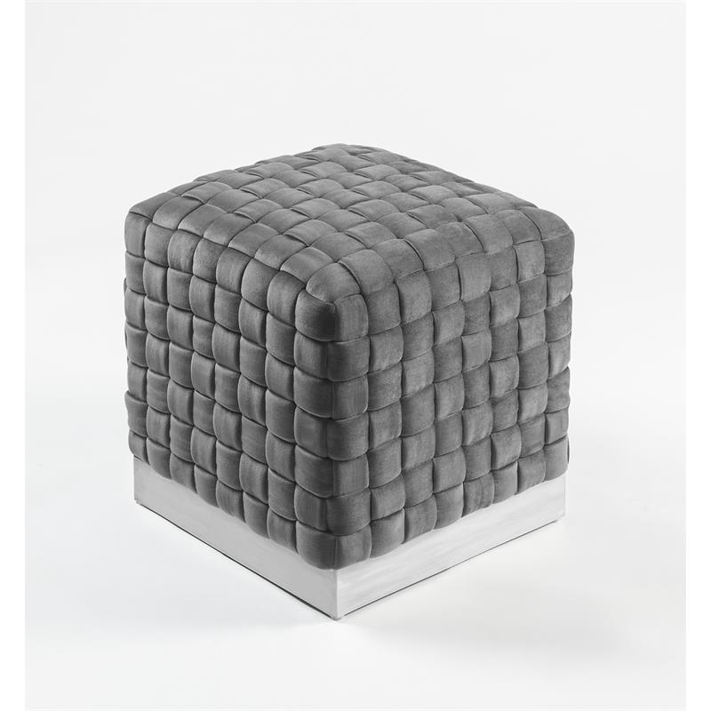 Posh Living Michirin Velvet Cube Ottoman with Metal Base in Gray/Chrome