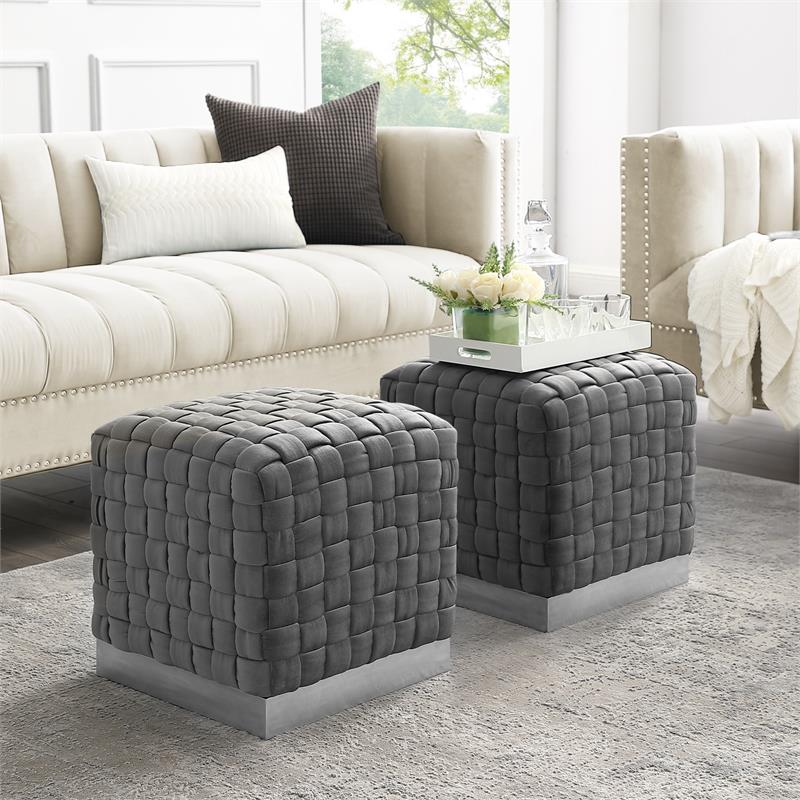 Posh Living Michirin Velvet Cube Ottoman with Metal Base in Gray/Chrome