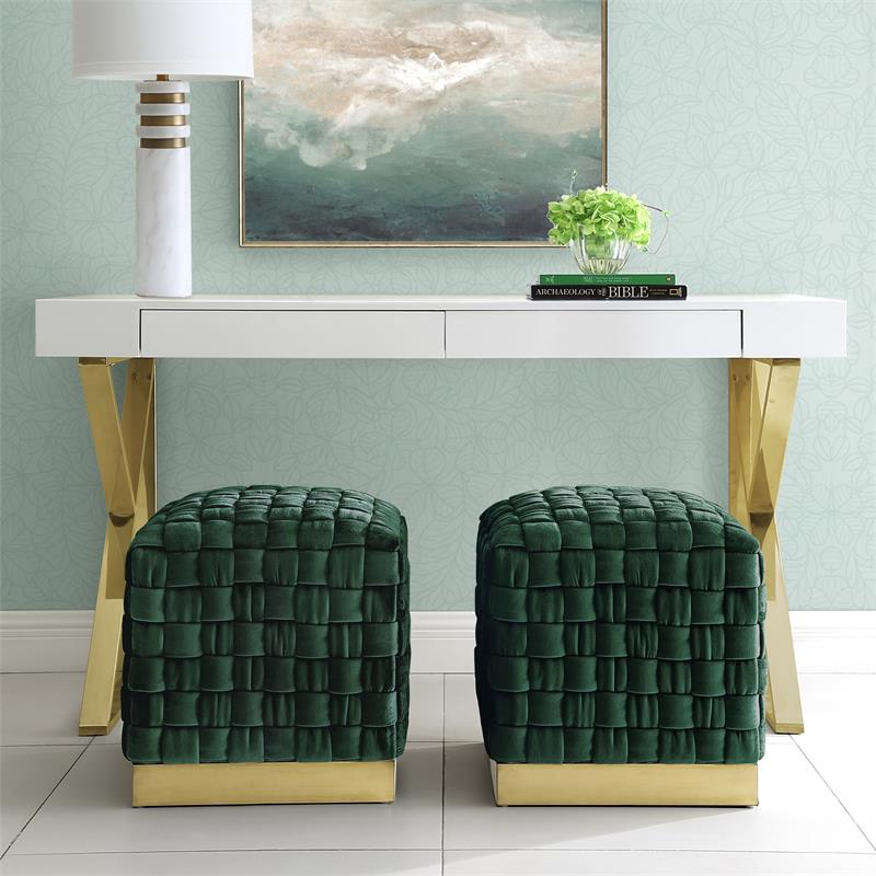 Posh Living Michirin Velvet Cube Ottoman with Metal Base in Hunter Green/Gold