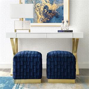 Posh Living Michirin Velvet Cube Ottoman with Metal Base in Navy/Gold