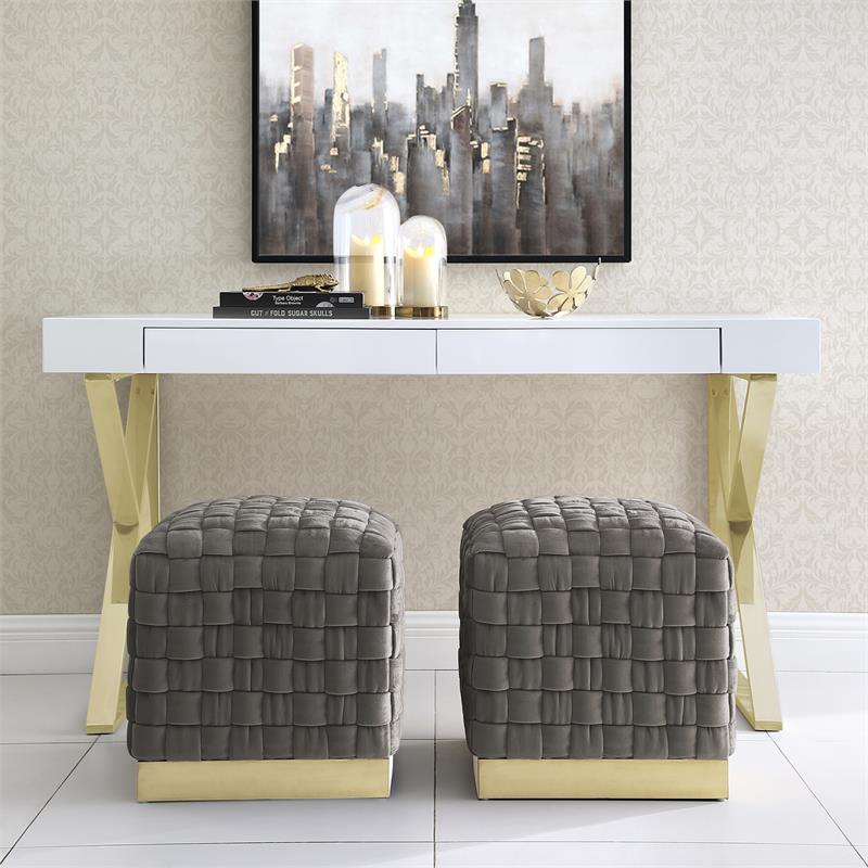 Posh Living Michirin Velvet Cube Ottoman with Metal Base in Taupe/Gold