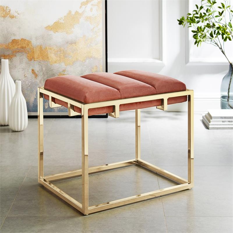 Posh Living Markus Modern Tufted Velvet Ottoman in Blush Pink/Gold