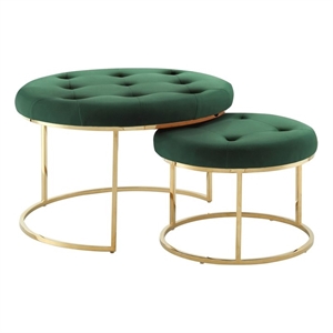 Posh Living Aaden Tufted Velvet Nesting Ottoman in Green/Gold (Set of 2)