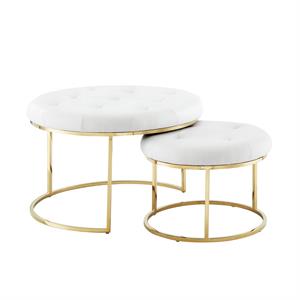 Posh Living Aaden Tufted Faux Leather Nesting Ottoman in White/Gold (Set of 2)