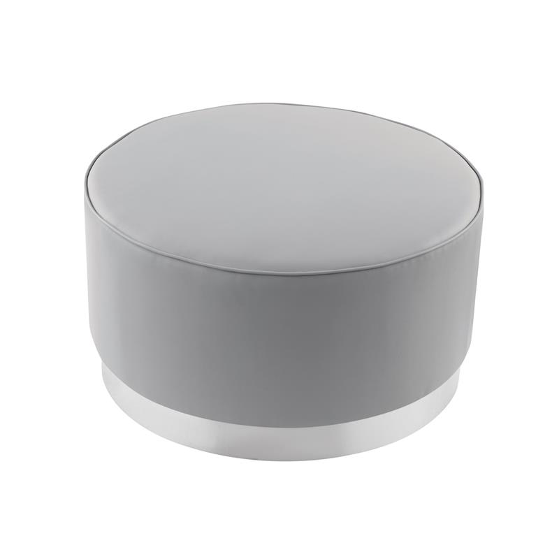 Posh Living Suchada Faux Leather Round Cocktail Ottoman in Gray/Chrome