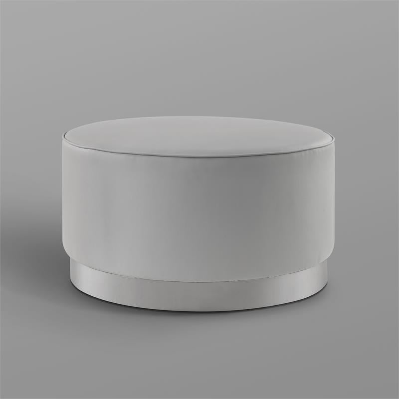 Posh Living Suchada Faux Leather Round Cocktail Ottoman in Gray/Chrome
