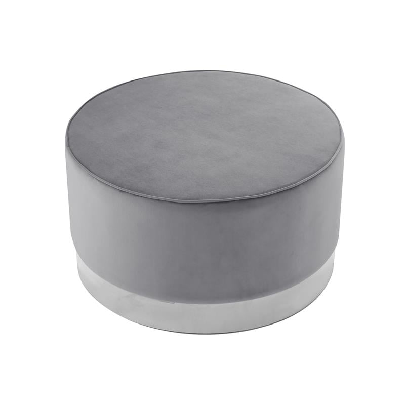 Posh Living Suchada Velvet Round Cocktail Ottoman in Gray/Chrome