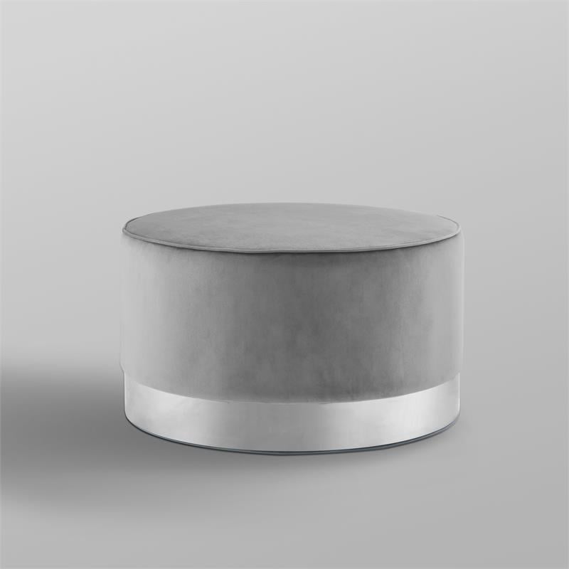 Posh Living Suchada Velvet Round Cocktail Ottoman in Gray/Chrome