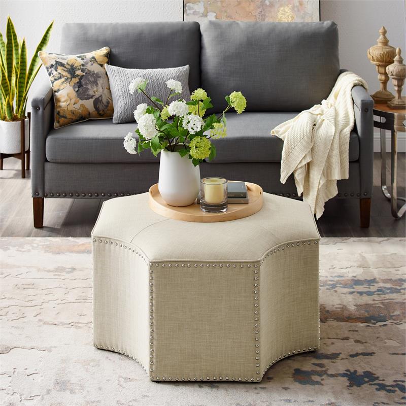 Posh Living Runrawin Linen Fabric Octagon Cocktail Ottoman in Cream/White