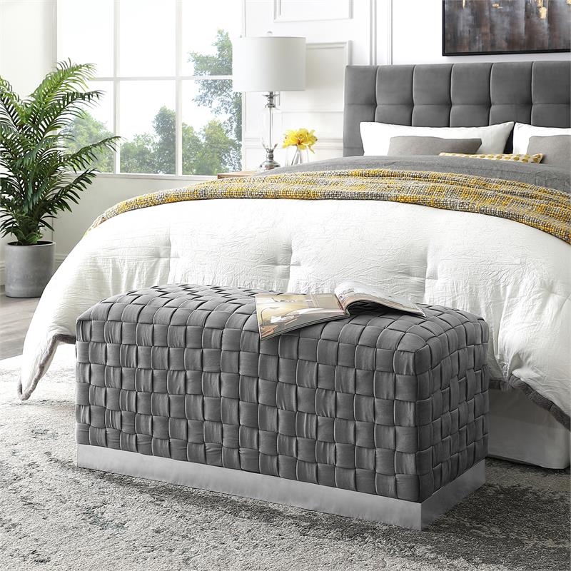 Posh Living Michirin Woven Velvet Bench in Gray/Chrome