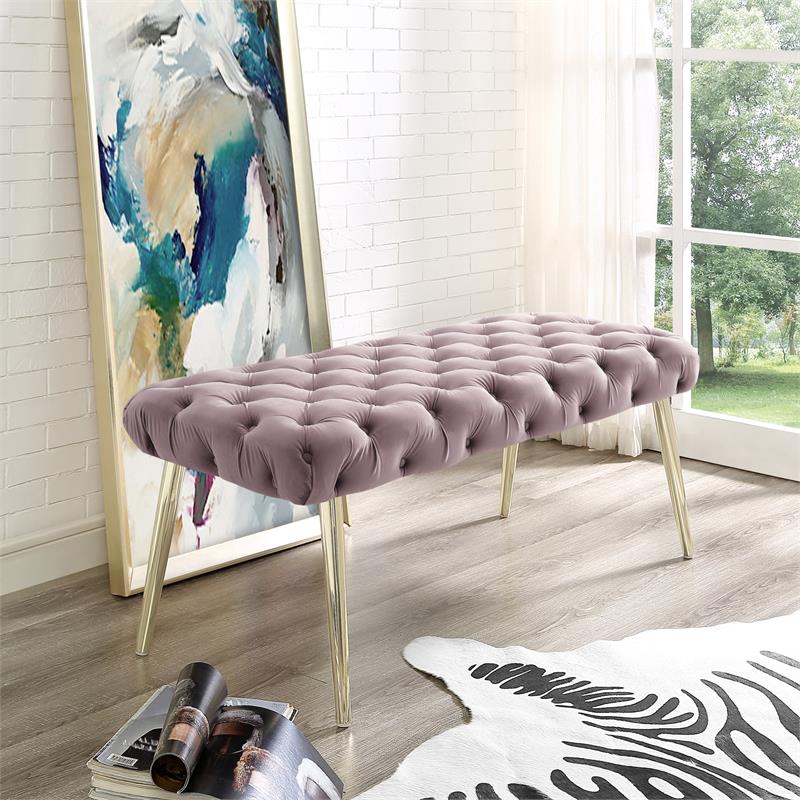 Posh Living Dia Button Tufted Velvet Bench with Metal Legs in Lilac/Gold