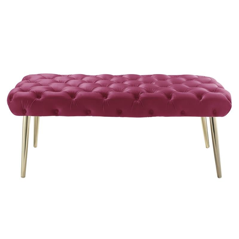 Posh Living Dia Button Tufted Velvet Bench with Metal Legs in Fuchsia/Gold
