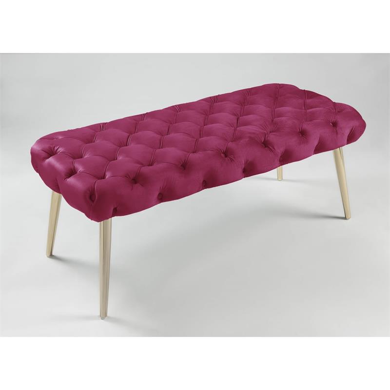 Posh Living Dia Button Tufted Velvet Bench with Metal Legs in Fuchsia/Gold