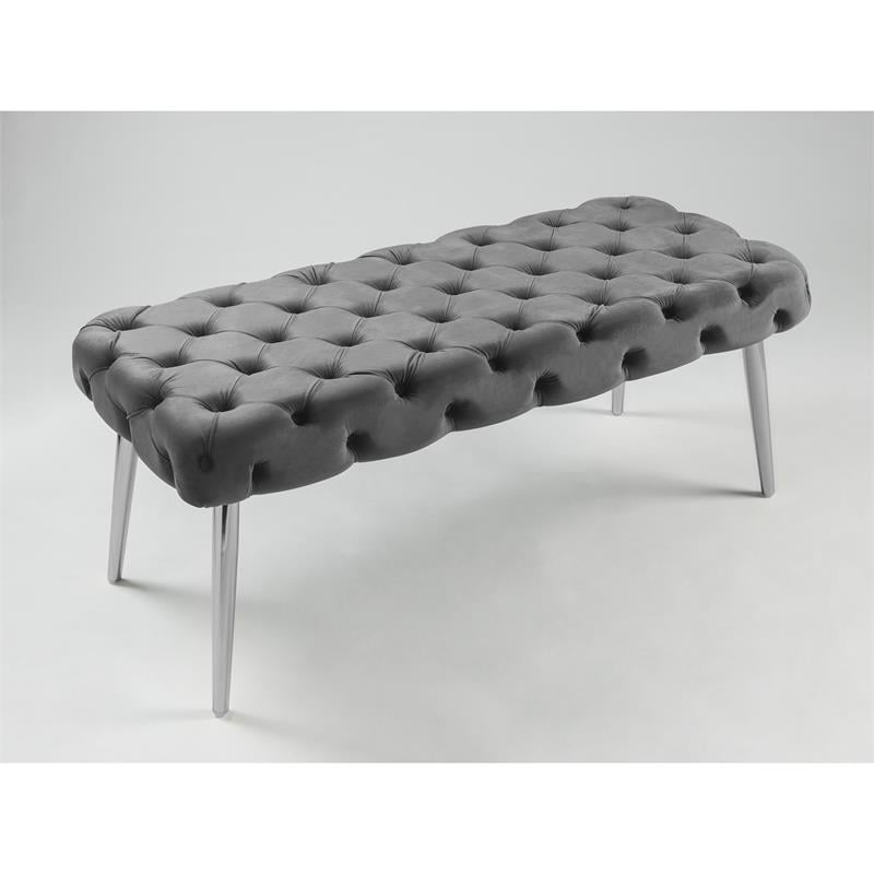 Posh Living Dia Button Tufted Velvet Bench with Metal Legs in Gray/Chrome