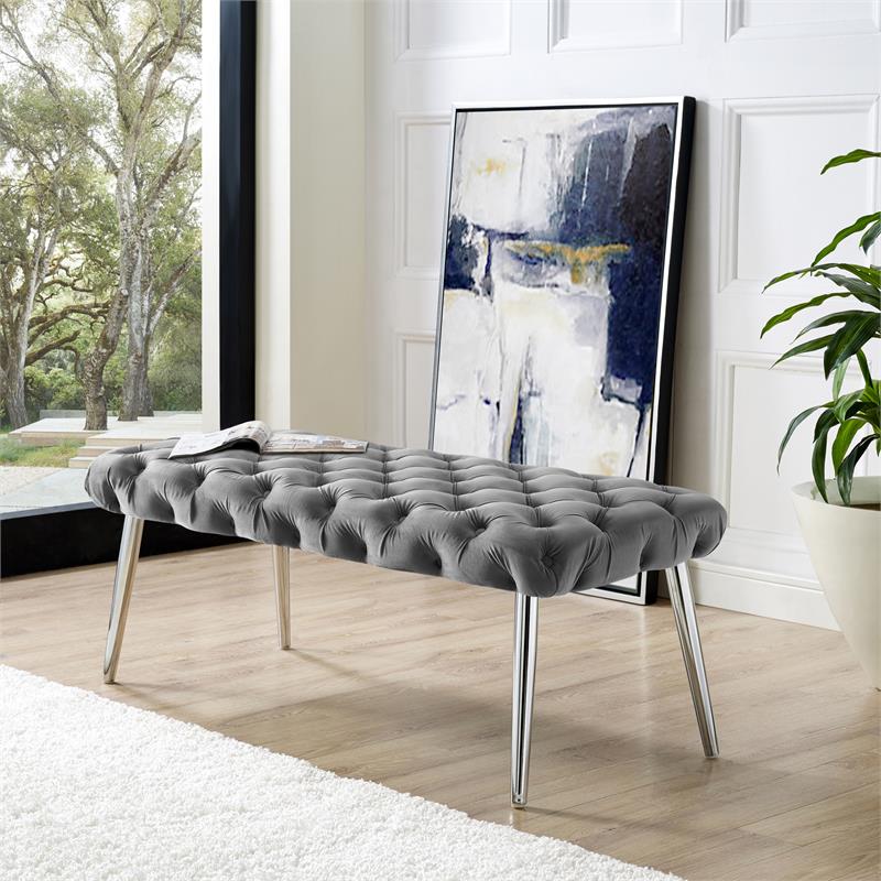 Posh Living Dia Button Tufted Velvet Bench with Metal Legs in Gray/Chrome