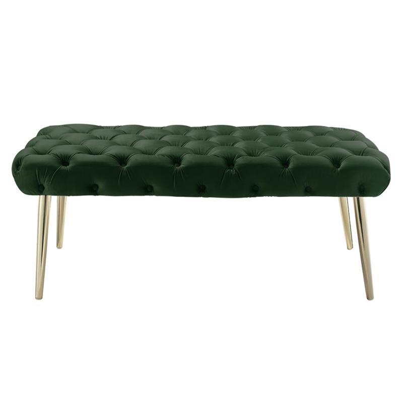 Posh Living Dia Button Tufted Velvet Bench with Metal Legs in Hunter Green/Gold