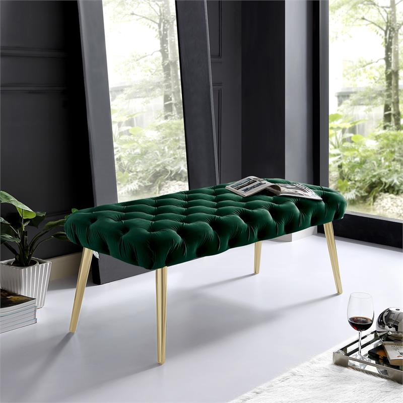 Posh Living Dia Button Tufted Velvet Bench with Metal Legs in Hunter Green/Gold