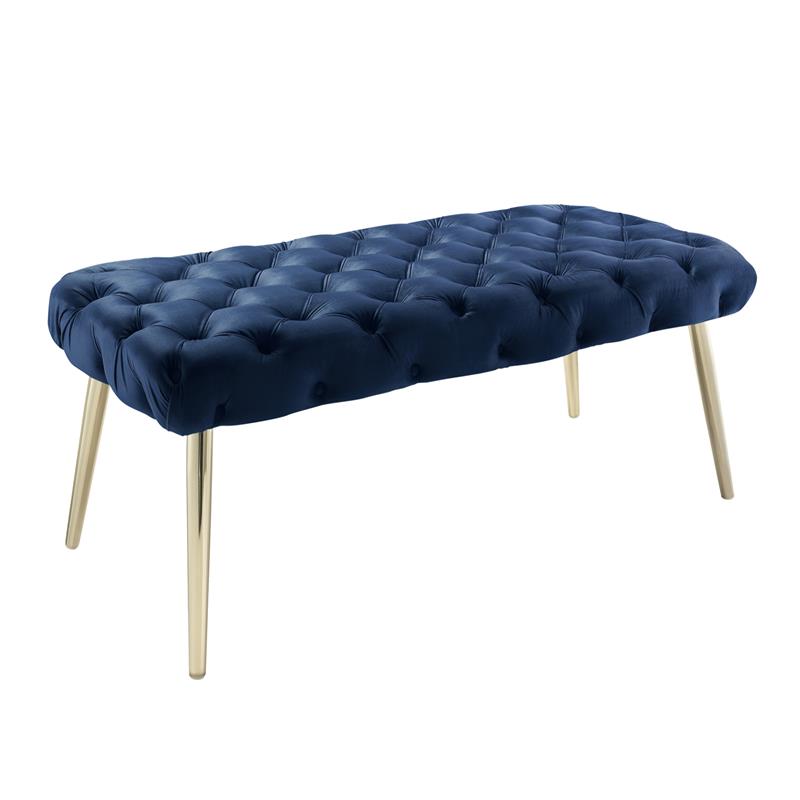 Posh Living Dia Button Tufted Velvet Bench with Metal Legs in Navy Blue/Gold