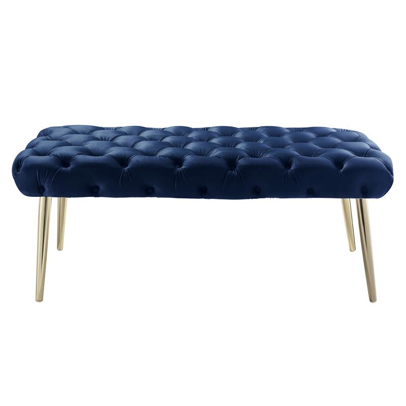Posh Living Dia Button Tufted Velvet Bench with Metal Legs in Navy Blue/Gold
