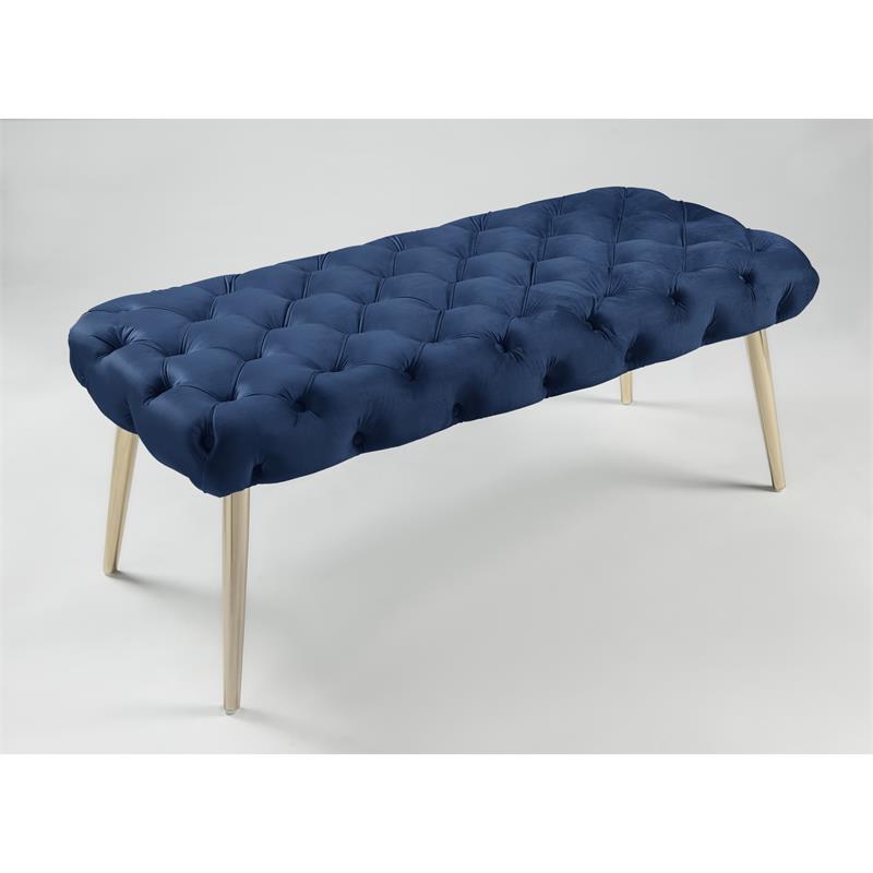 Posh Living Dia Button Tufted Velvet Bench with Metal Legs in Navy Blue/Gold