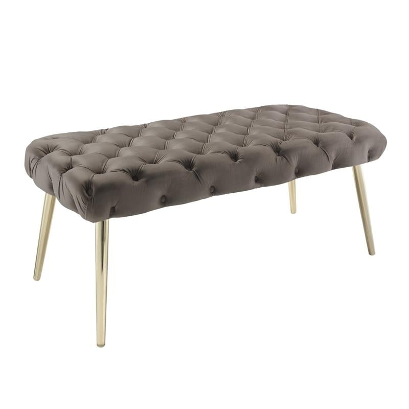 Posh Living Dia Button Tufted Velvet Bench with Metal Legs in Taupe/Gold