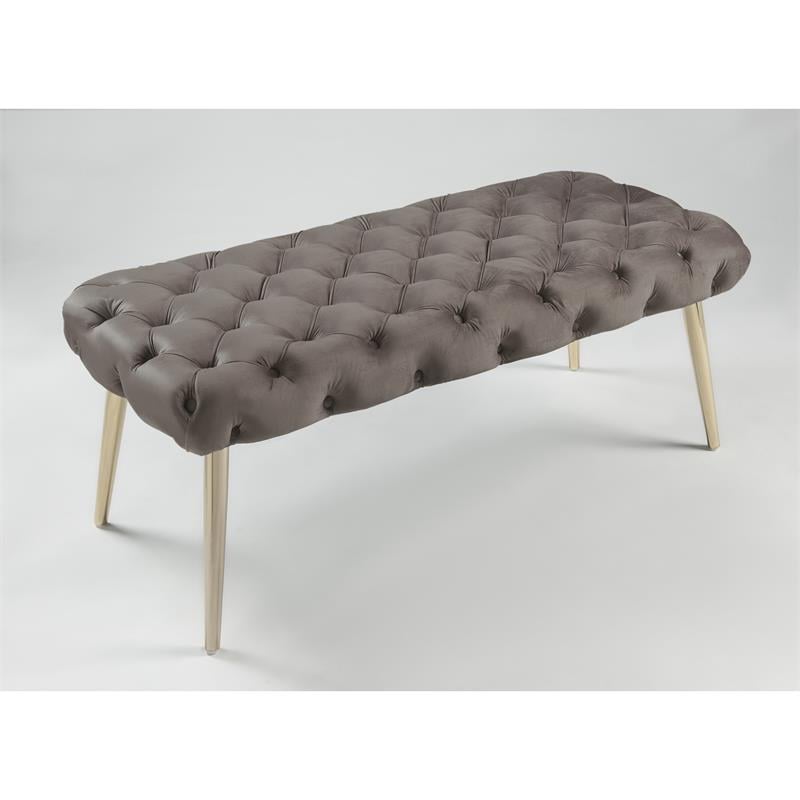 Posh Living Dia Button Tufted Velvet Bench with Metal Legs in Taupe/Gold