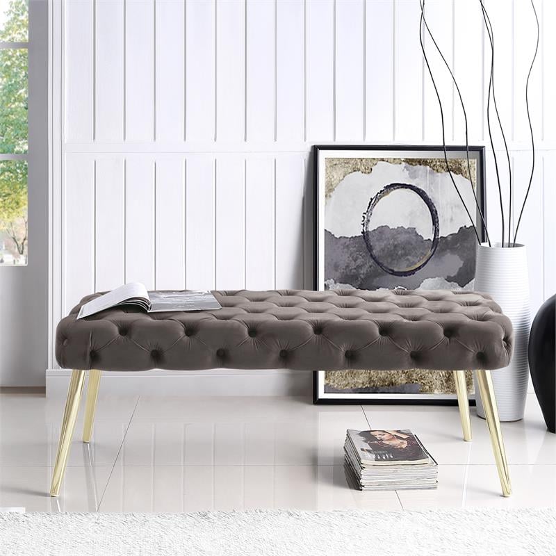 Posh Living Dia Button Tufted Velvet Bench with Metal Legs in Taupe/Gold