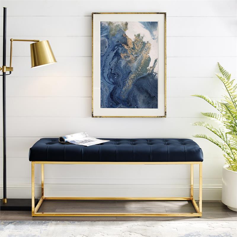 Gold Navy Blue Upholstered Bench Posh Living Foster Faux Leather