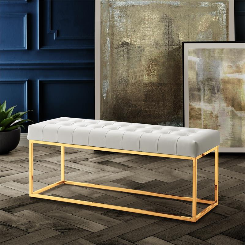 Posh Living Foster Faux Leather Bench in White/Gold