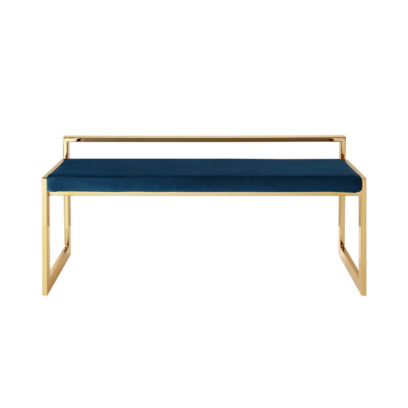 Posh Living Camilo Velvet and Stainless Steel Base Bench in Navy Blue/Gold