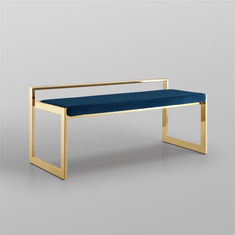 Posh Living Camilo Velvet and Stainless Steel Base Bench in Navy Blue/Gold