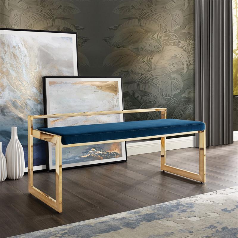 Posh Living Camilo Velvet and Stainless Steel Base Bench in Navy Blue/Gold