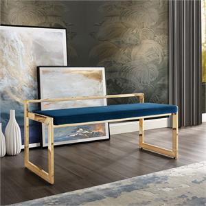 Posh Living Camilo Velvet and Stainless Steel Base Bench in Navy Blue/Gold