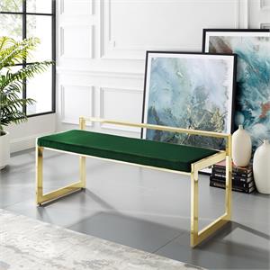 Posh Living Camilo Velvet and Stainless Steel Base Bench in Green/Gold