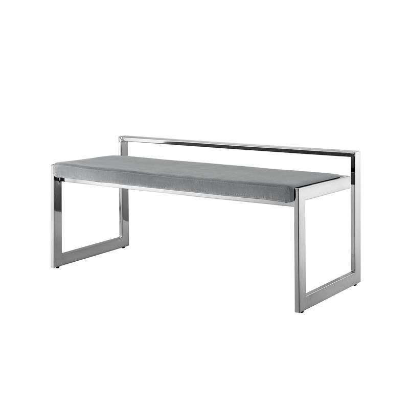 Posh Living Camilo Velvet and Stainless Steel Base Bench in Gray/Chrome